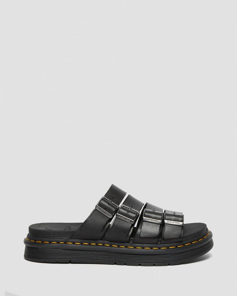 Black Men's Dr Martens Tate Leather Slide Sandals | CA 636QMA